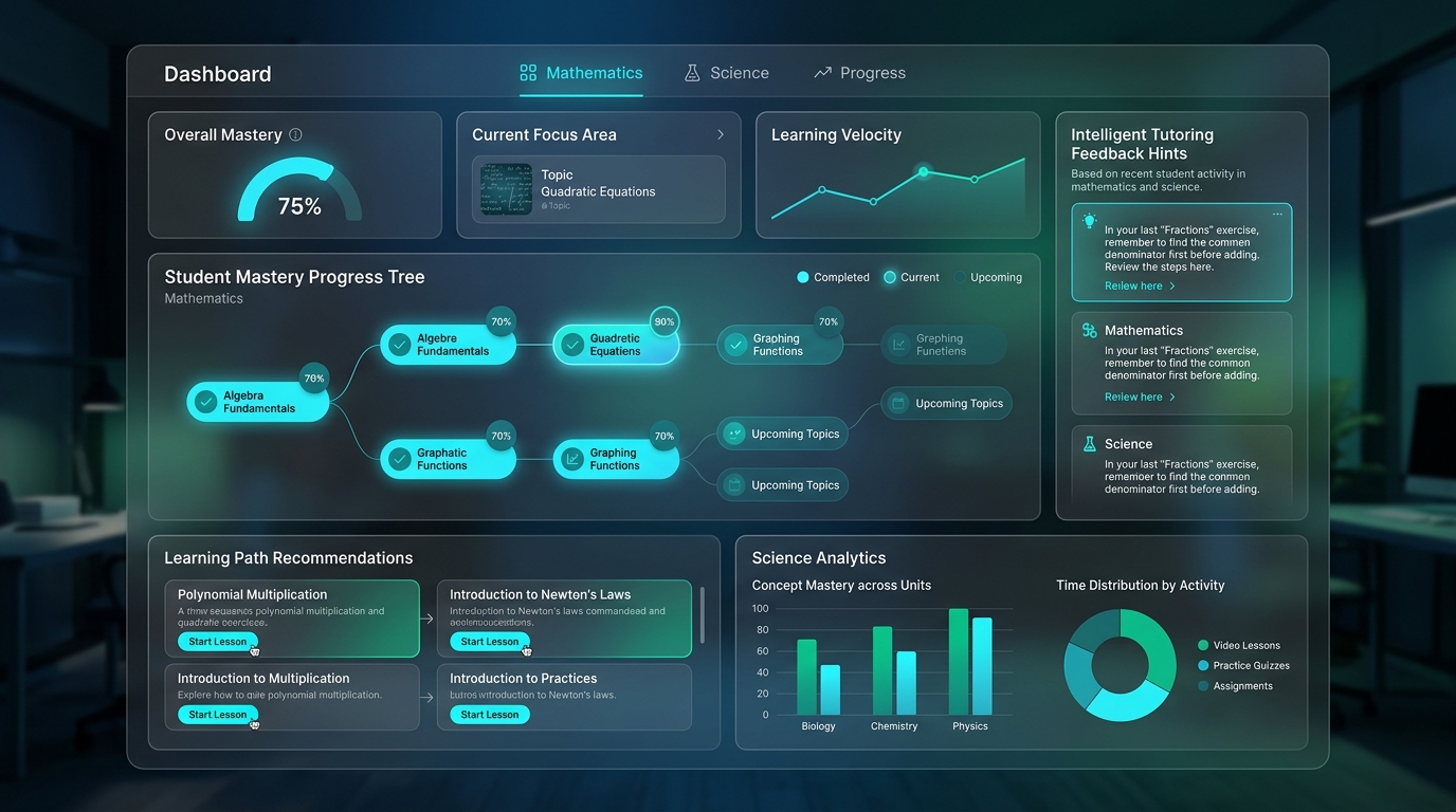Adaptive learning analytics dashboard showing student mastery trees for personalised learning with AI