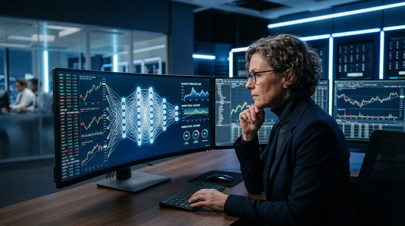 Quantitative researcher analyzing neural network architectures and deep learning models using advanced AI techniques for stock market analysis