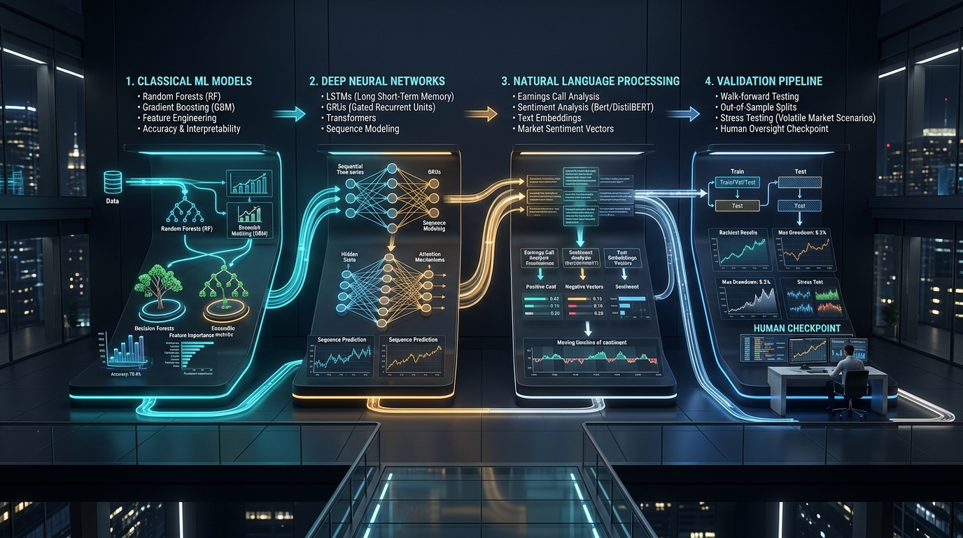 Machine learning architectures and quantitative validation pipeline for AI techniques for stock market analysis