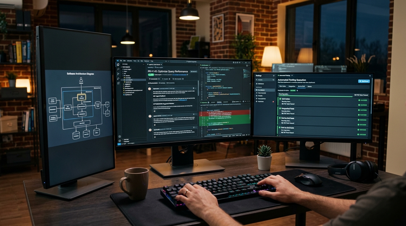 Modern engineering studio displaying agentic code review and automated testing using AI tools for coding