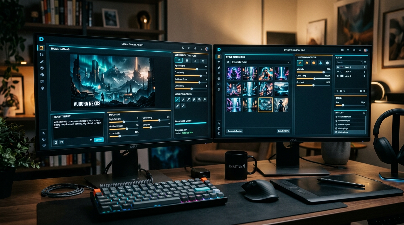 Creative dual-monitor workstation displaying free online AI art generators and inpainting canvas tools