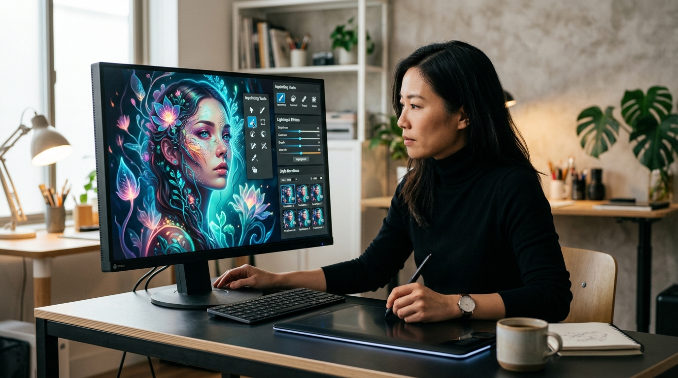 Designer refining prompts and applying inpainting tools while exploring how to generate art with AI