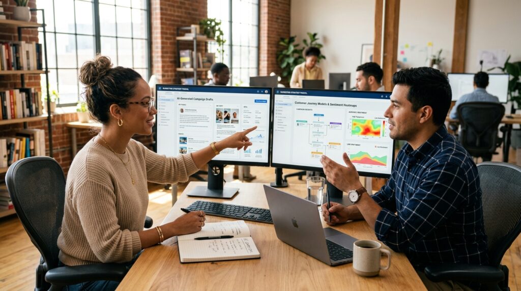 Digital marketing team collaborating with AI marketing workflows representing AI and digital marketers