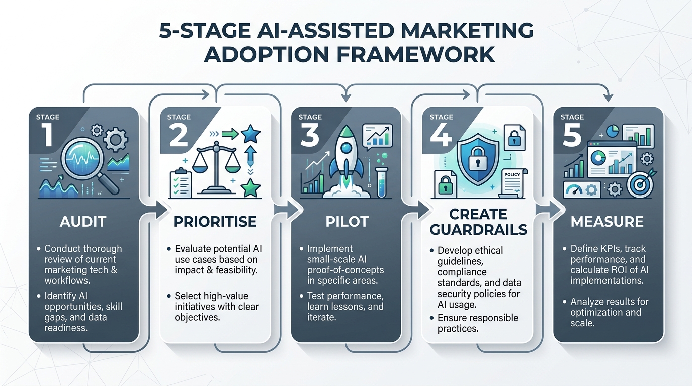 Five-stage implementation framework diagram for AI and digital marketers covering audit, prioritise, pilot, guardrails, and measurement