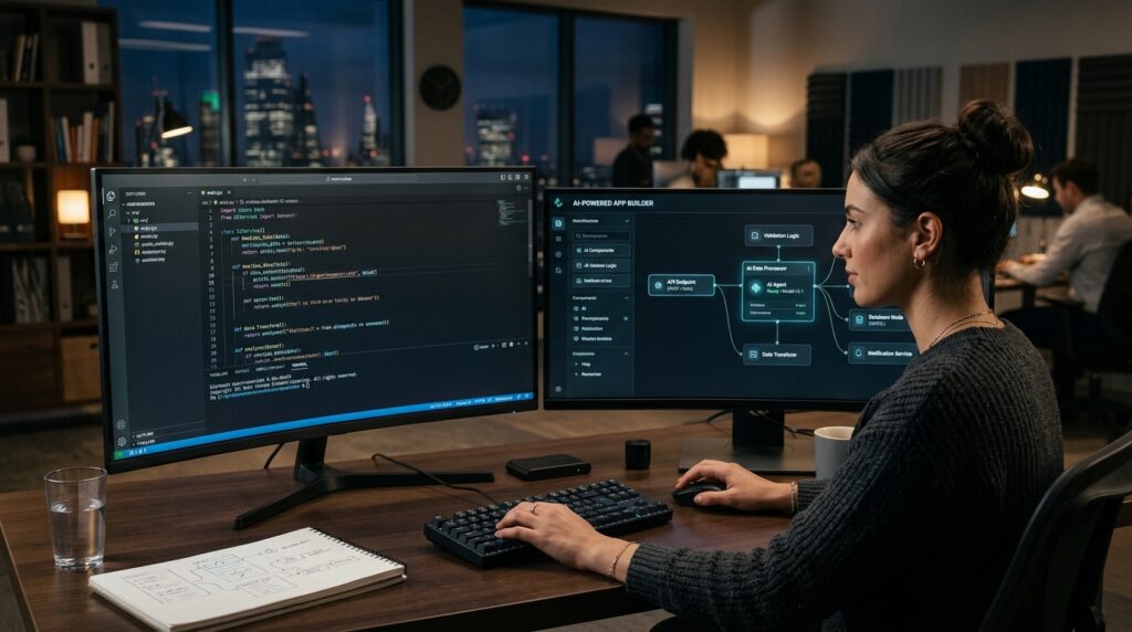 Software developer working between traditional code editor and visual no-code low-code platform using modern ai tools for coding