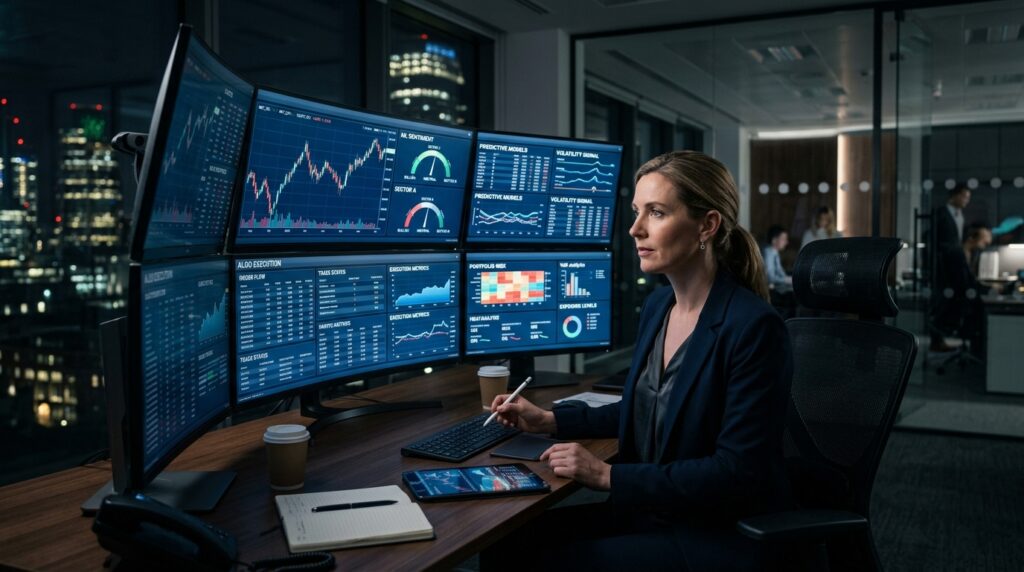 Financial analyst monitoring machine learning market models and algorithmic indicators using AI in stock trading
