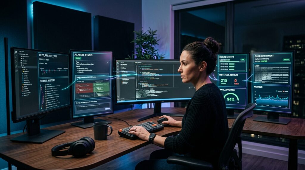 Software engineer supervising workflow with modern ai tools for coding at workstation