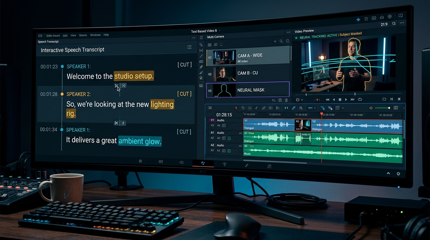 Interactive speech transcript and neural object masking inside modern AI-powered video editing platforms