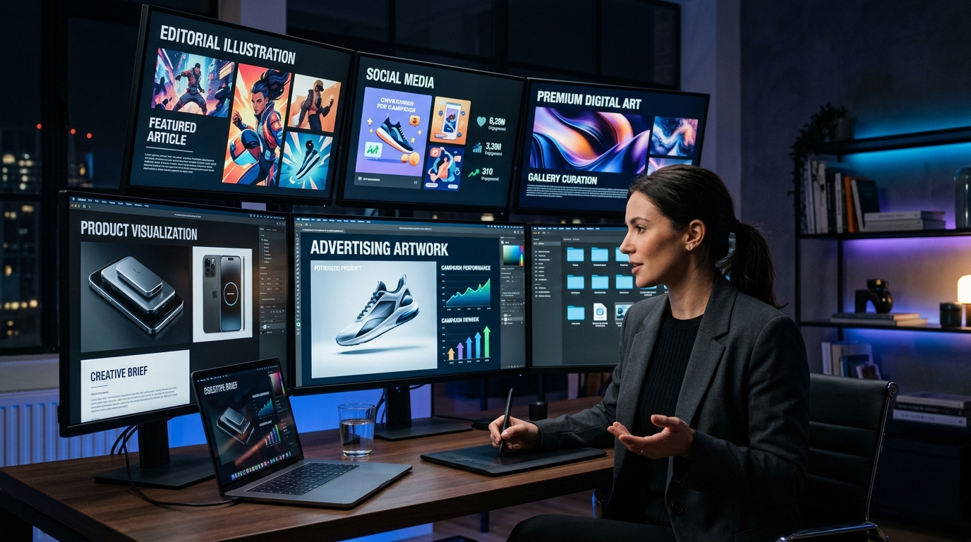 Creative entrepreneur exploring how to monetize AI art across multiple displays at a digital workstation