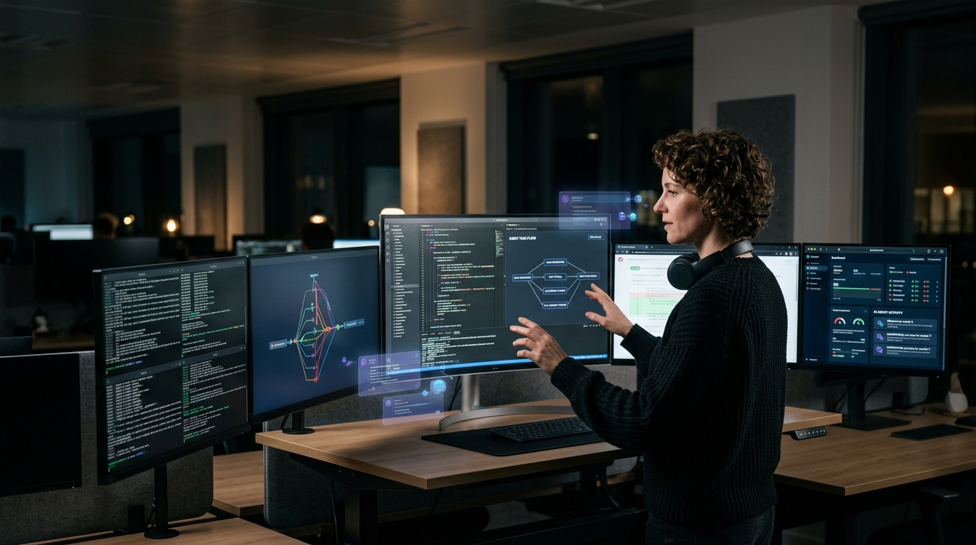 Software engineer directing multi-agent AI tools for coding across multiple monitors