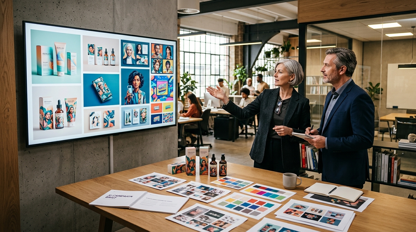 Design agency directors reviewing commercial campaign assets while learning to monetize AI art