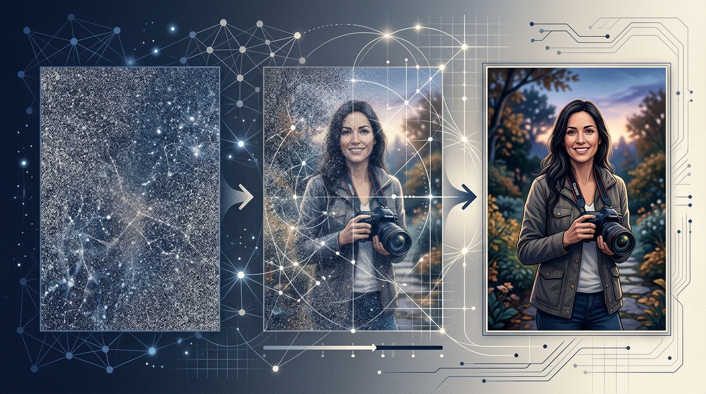 Step-by-step diffusion pipeline showing how AI image generators work by progressively removing noise