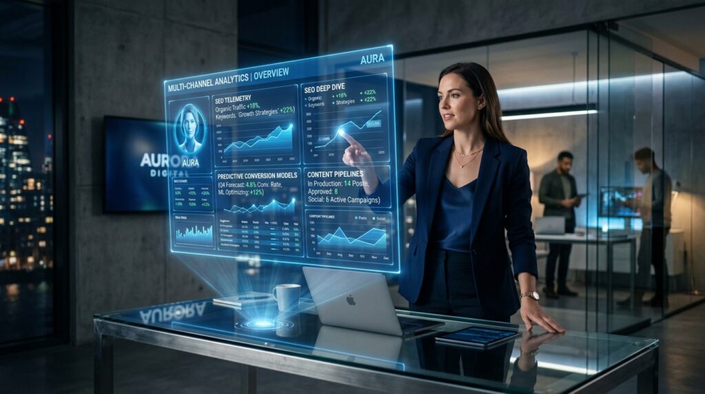 Digital marketing director collaborating with an advanced AI intelligence interface representing will AI replace digital marketers