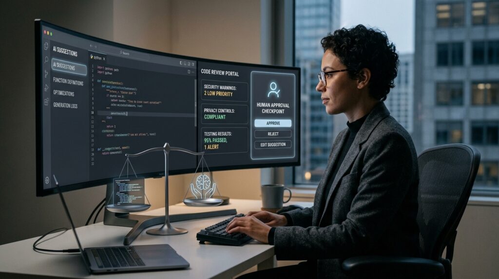 Software engineer reviewing AI-generated code with human verification checkpoint using modern ai tools for coding