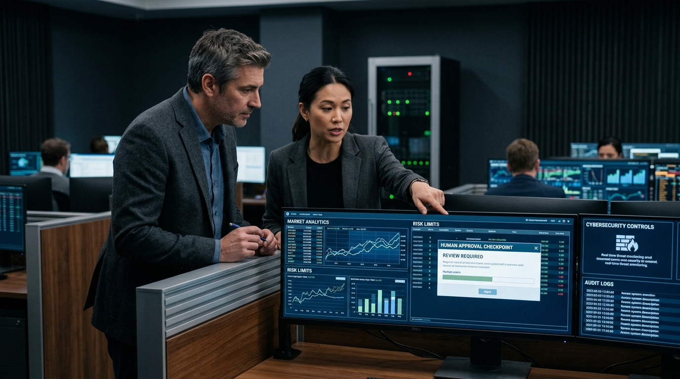 Financial risk professionals evaluating automated algorithms and human approval checkpoints in AI-driven stock trading