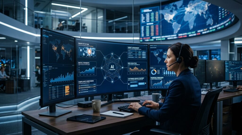 Financial operations center monitoring automated AI applications in FinTech across global markets
