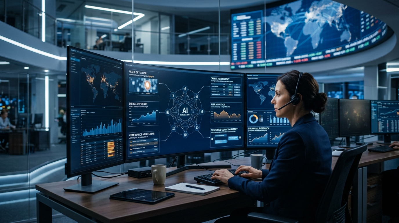 Financial operations center monitoring automated AI applications in FinTech across global markets