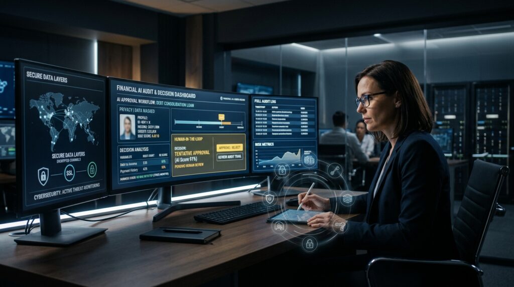 Fintech risk officer reviewing audit dashboards and cybersecurity checkpoints for AI ethics in FinTech