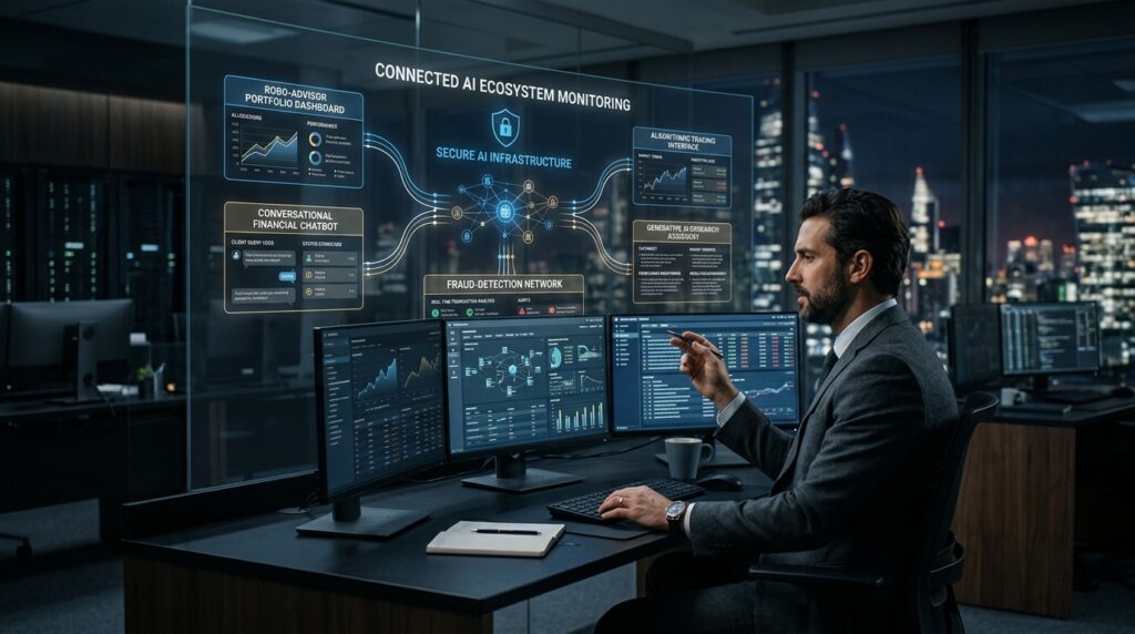 Financial technology workstation showcasing connected AI-driven FinTech innovations from robo-advisors to chatbots