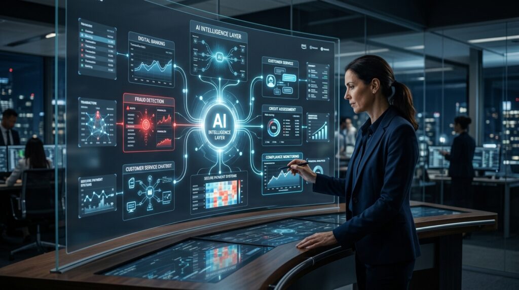 Financial analyst supervising AI intelligence layer and digital banking ecosystem representing AI in FinTech market