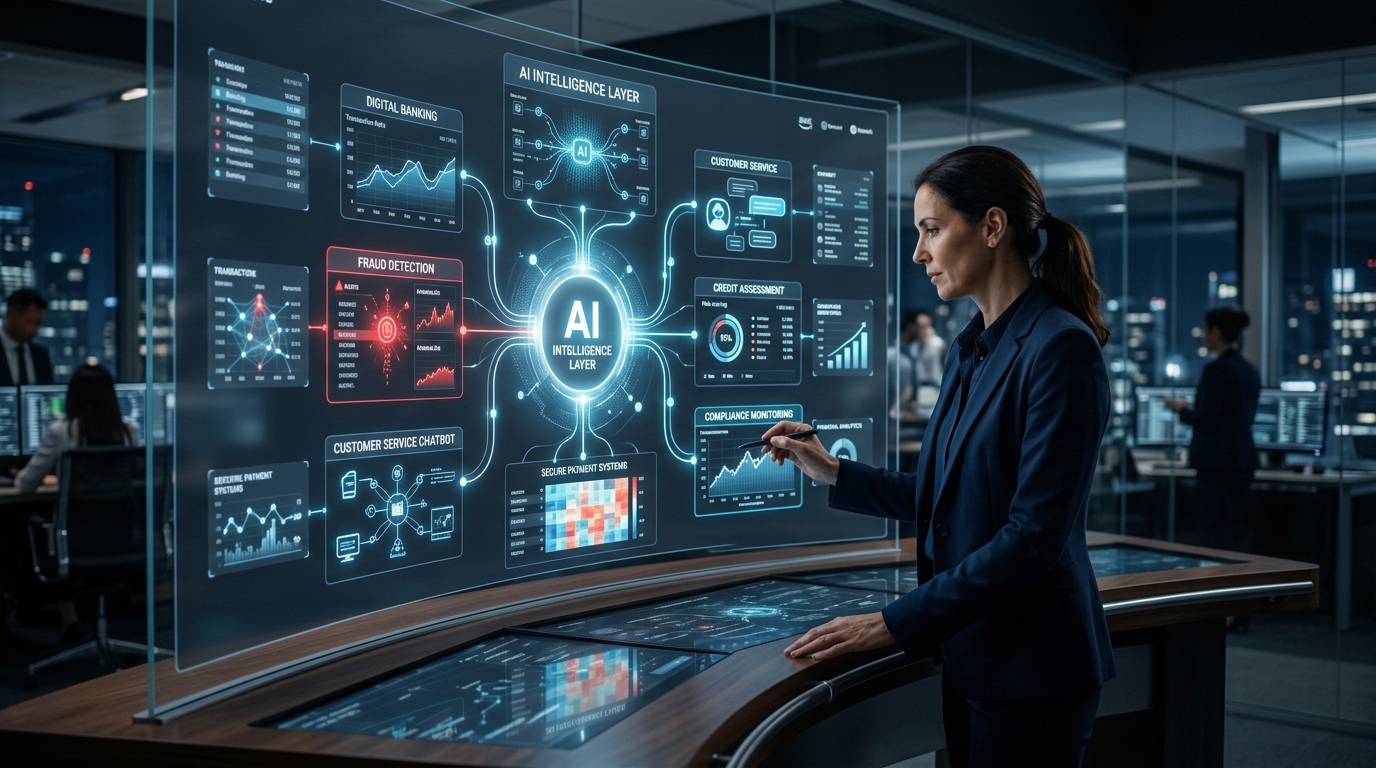 Financial analyst supervising AI intelligence layer and digital banking ecosystem representing AI in FinTech market