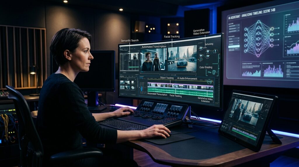 Professional film editor utilizing next-generation video editing tools in a cinematic post-production suite