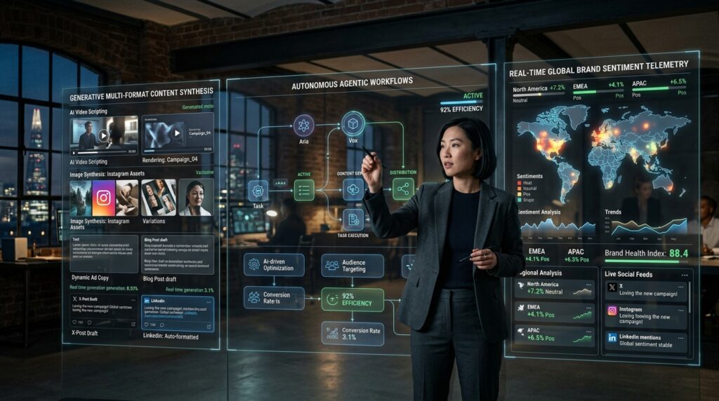 Marketing strategist managing autonomous agentic workflows and multi-channel synthesis representing future of digital marketing and AI and human expertise