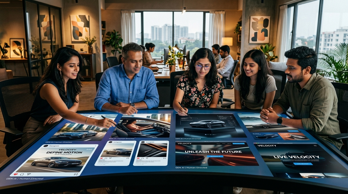 Creative team collaborating on visual marketing assets using free online AI image generators