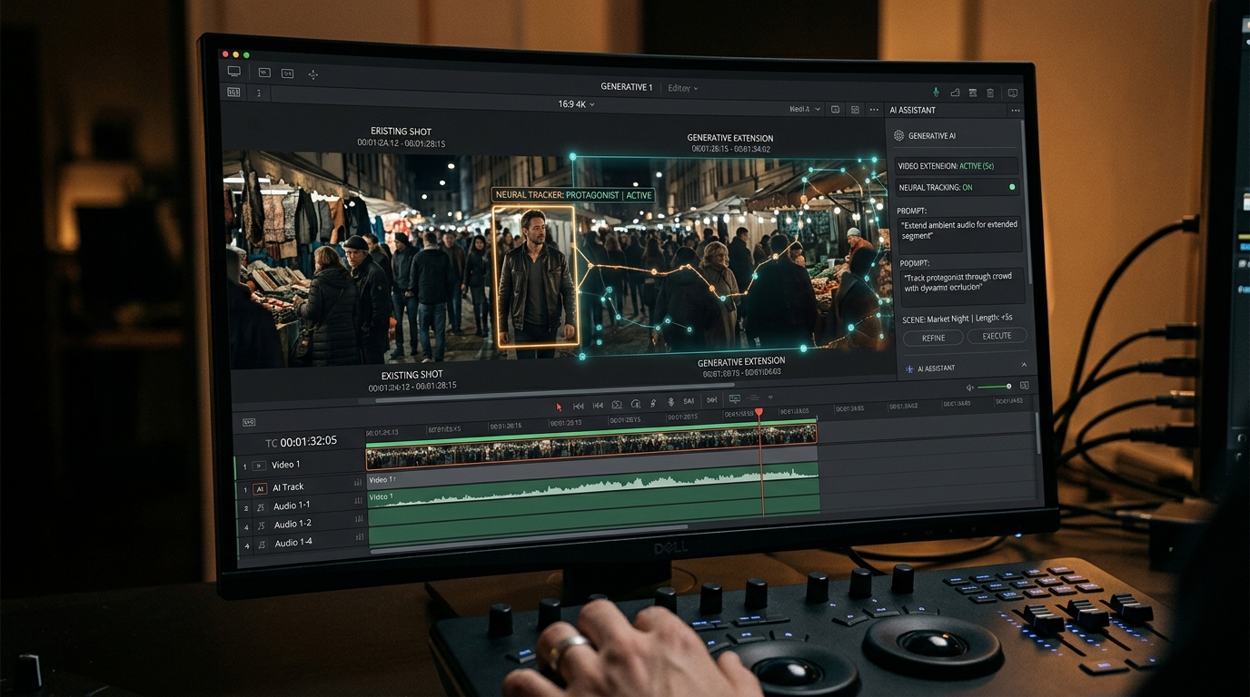 Generative scene extension and character tracking inside next-generation video editing software