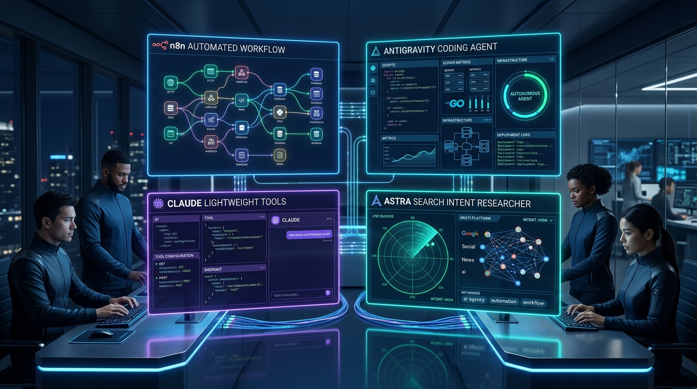 HuAI Content autonomous AI engineering team stack with n8n Antigravity Claude and Astra researcher