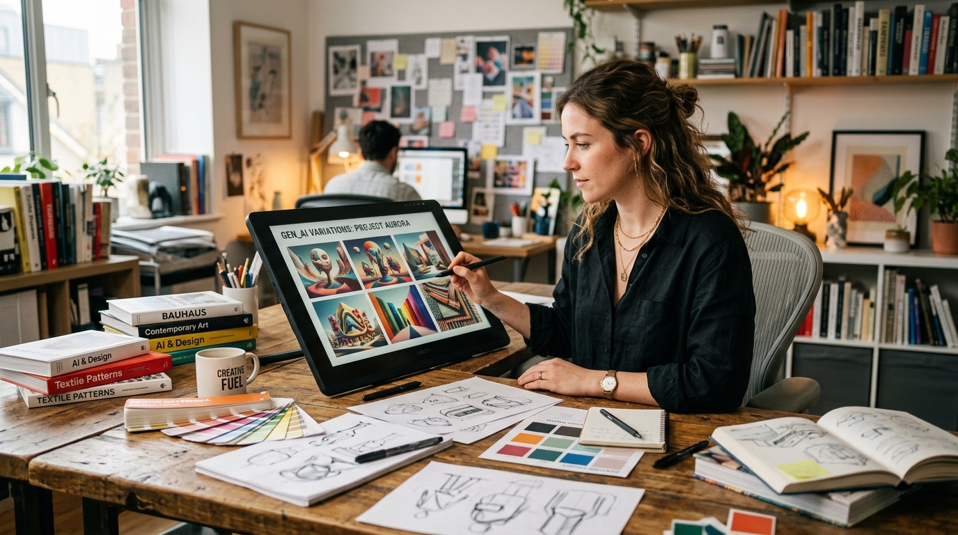 Art director reviewing visual variations created with AI art generators and creativity tools
