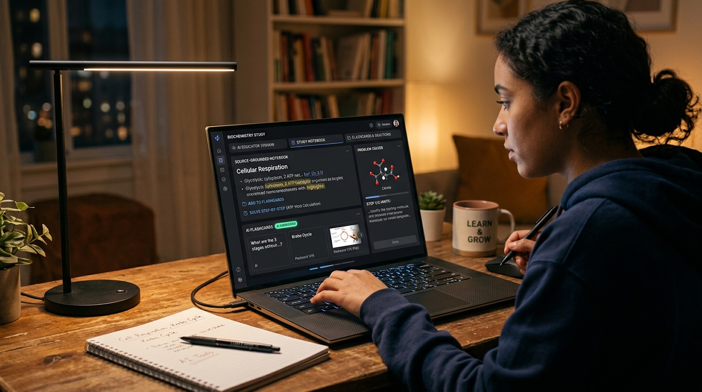 Student using source-grounded interactive AI tools for education and study notebooks on a laptop