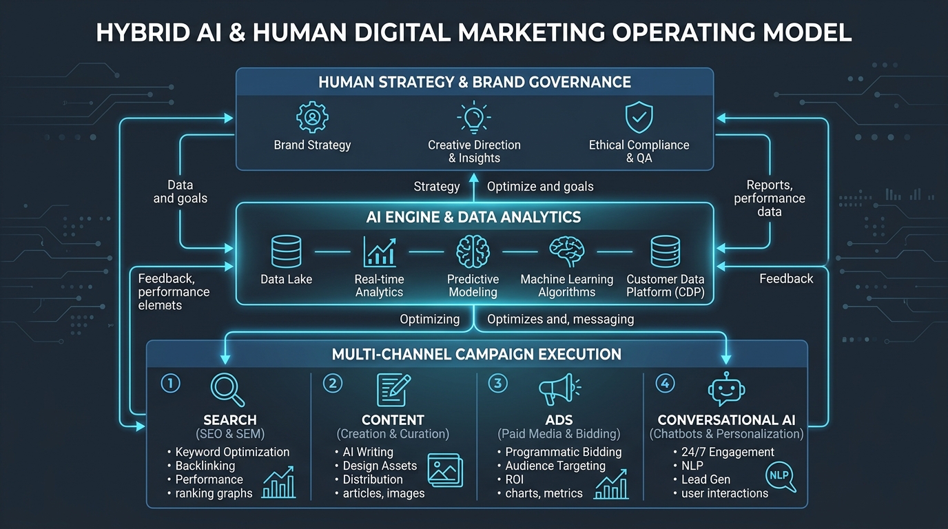 Three-tier architecture diagram showing human strategy, AI analytics engine, and multi-channel campaign execution for will AI replace digital marketers