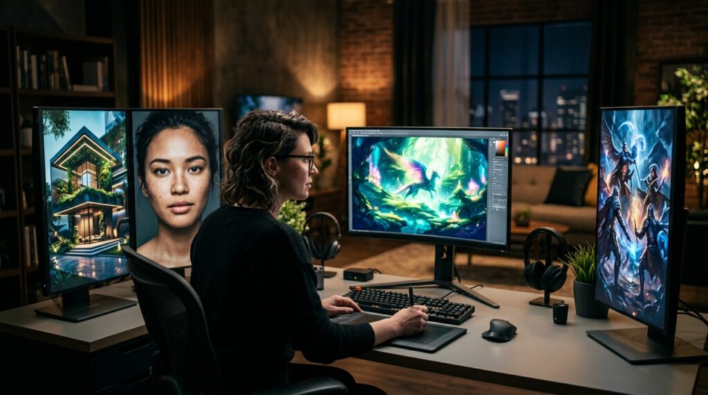 Creative professional learning how to generate art with AI across diverse styles at a modern workstation