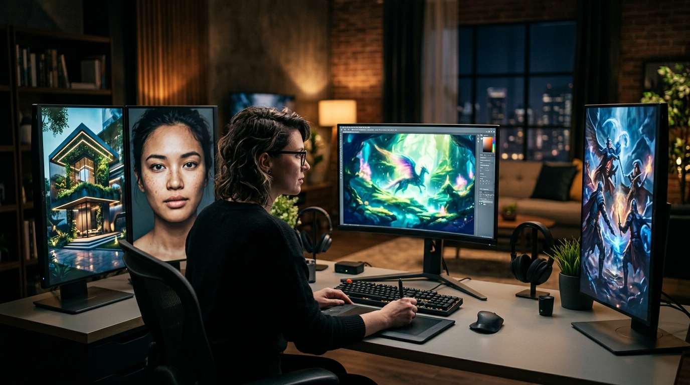 Creative professional learning how to generate art with AI across diverse styles at a modern workstation