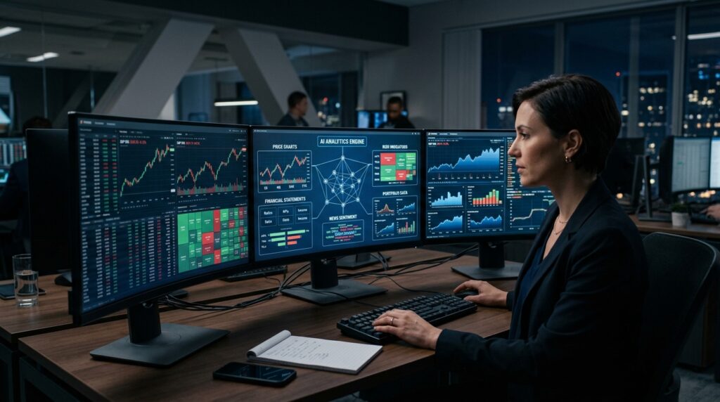 Financial analyst utilizing stock market AI systems and multi-screen data visualizations