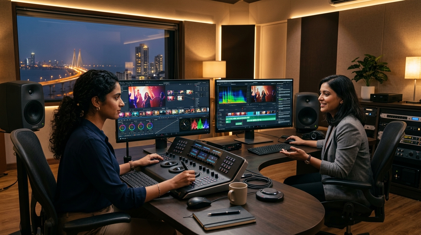 Modern video post-production suite demonstrating AI tools for video editing with automated waveforms and color grading