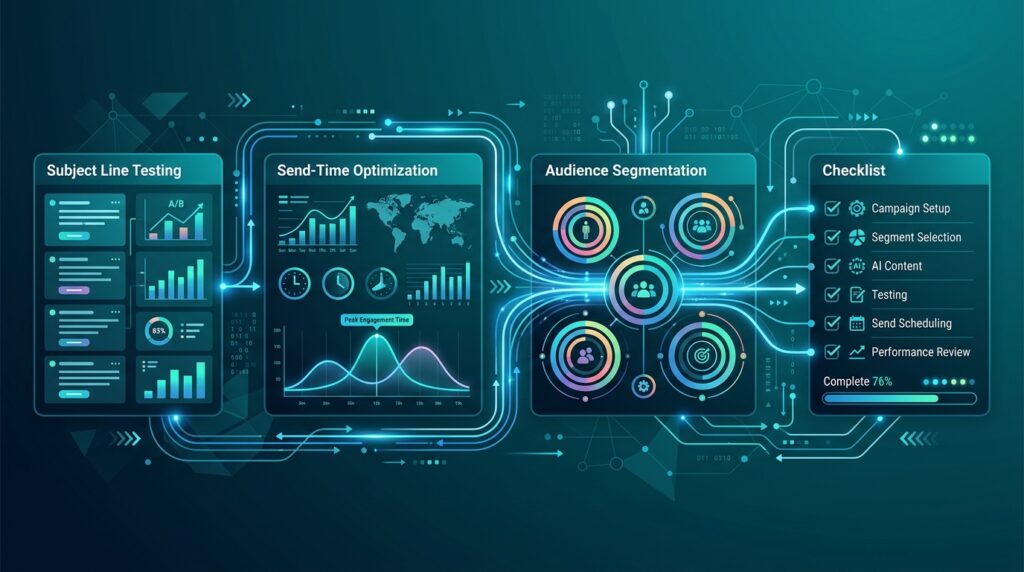 AI in email marketing best practices — subject line testing, send-time optimisation and audience segmentation dashboard