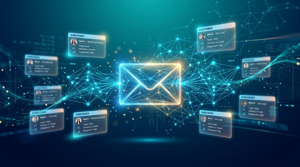 AI in email marketing — personalised subscriber cards connected by neural networks