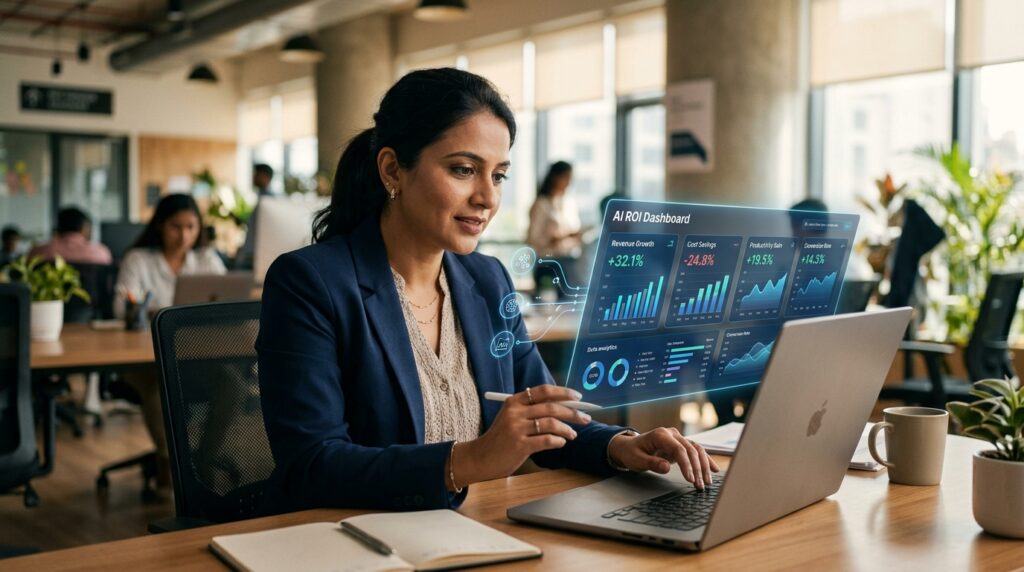 Artificial intelligence for small business showing ROI dashboard and analytics