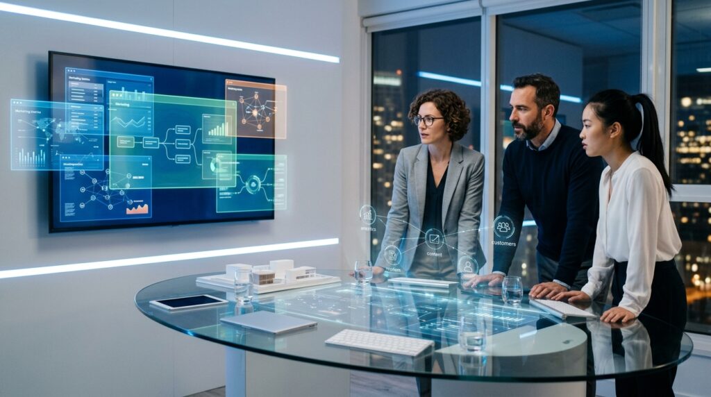 AI marketing automation tools comparison dashboard with interconnected CRM and analytics