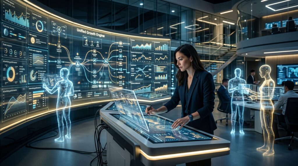 AI marketing automation showing futuristic operations centre and unified growth engine