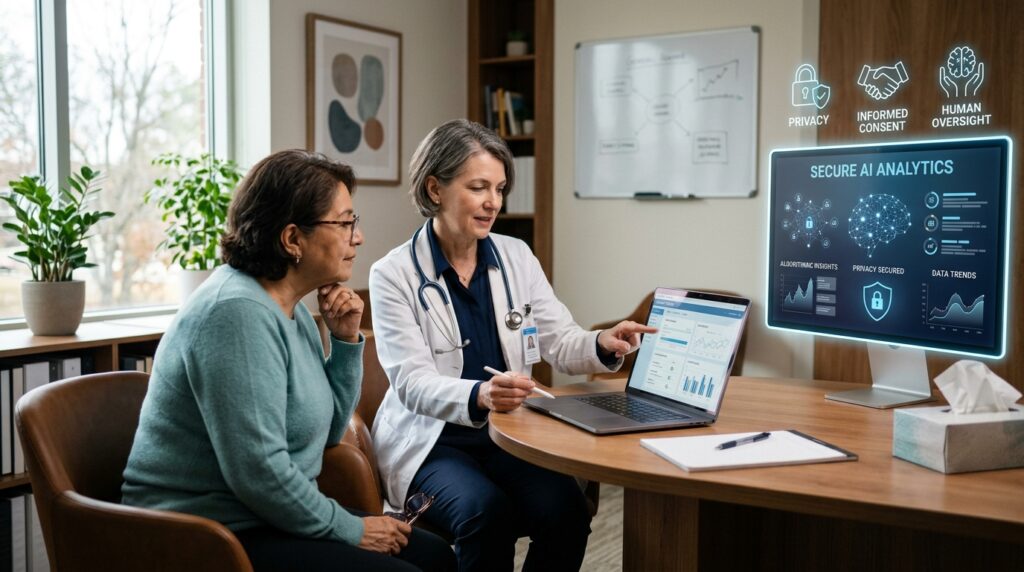 AI in medicine ethical consultation showing doctor and patient discussing secure records