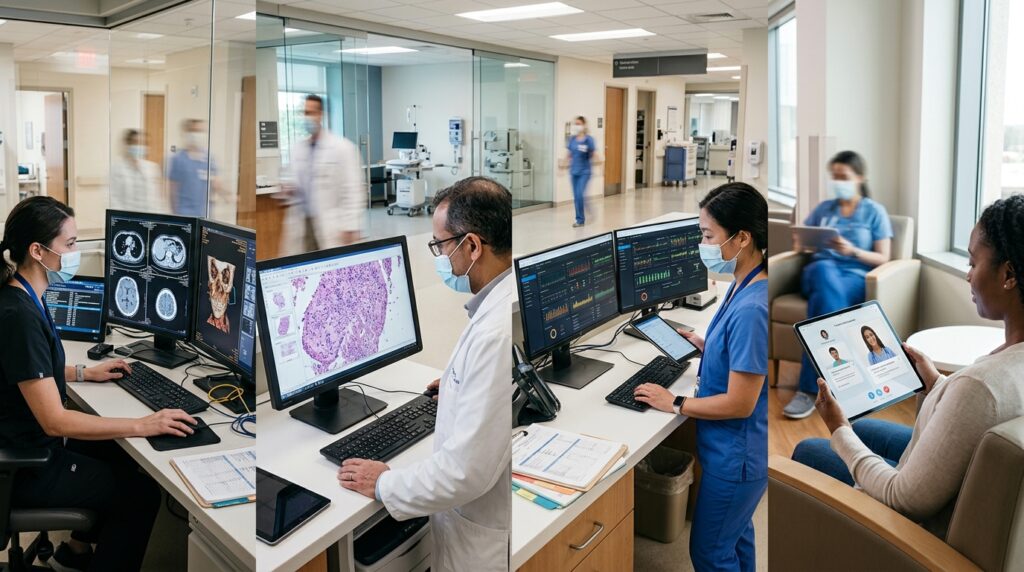 AI in medicine medical tools collage showing imaging, digital pathology and patient monitoring