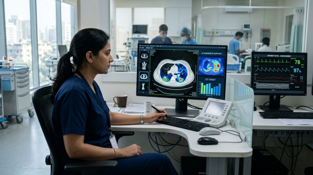 AI in medicine showing clinician reviewing diagnostic imaging workstation