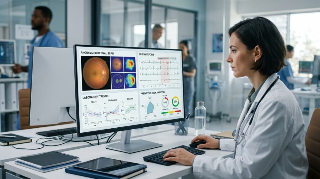 AI in medicine predictive health dashboard with retinal scan and ECG waveform